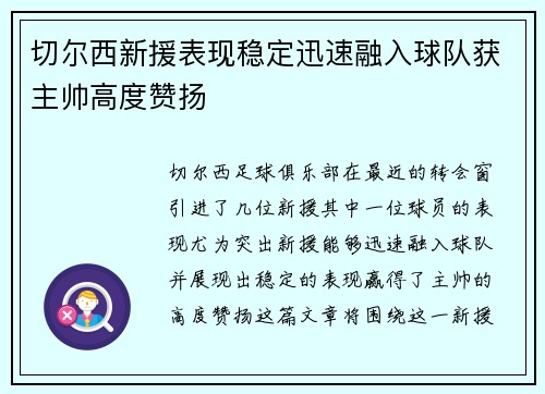 切尔西新援表现稳定迅速融入球队获主帅高度赞扬