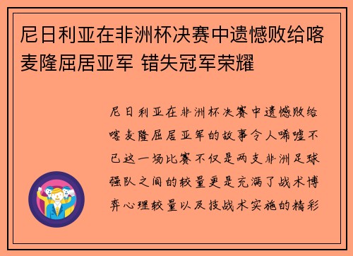 尼日利亚在非洲杯决赛中遗憾败给喀麦隆屈居亚军 错失冠军荣耀