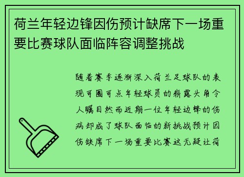 荷兰年轻边锋因伤预计缺席下一场重要比赛球队面临阵容调整挑战